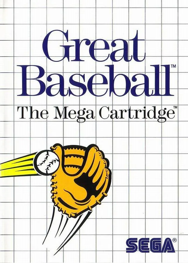 Portada nord-americana de Great Baseball amb una pilota entrant en un guant sobre la quadrícula blanca de Sega.