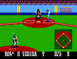 Jugada de Great Baseball vista des de darrere del llançador, amb el batedor, el receptor i el marcador a zero.