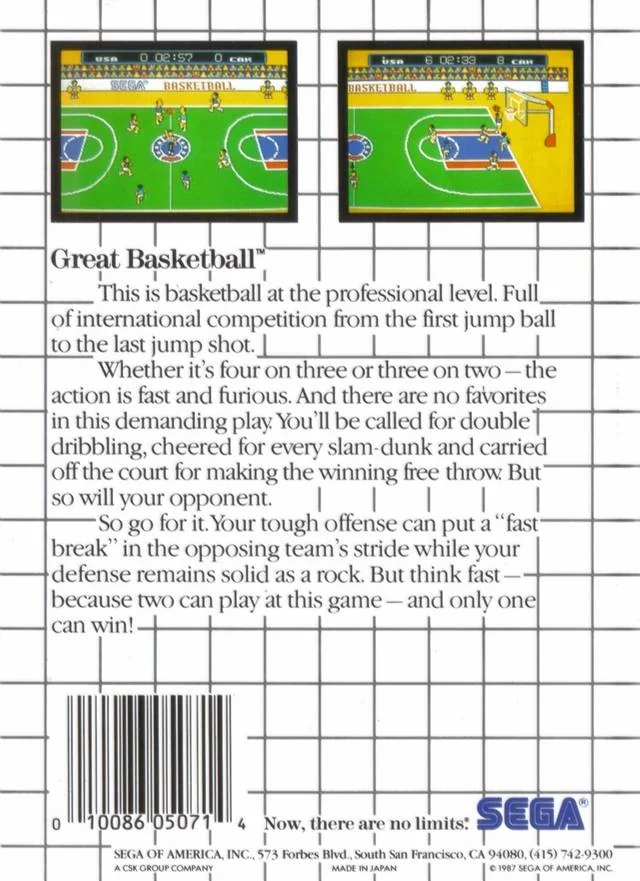 Contraportada nord-americana de Great Basketball amb dues captures, text descriptiu i codi de barres.