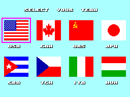 Pantalla de selecció amb les banderes de les vuit seleccions disponibles.