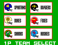 Pantalla de selecció dels sis equips de l’AFC: Spartans, Bombers, Dukes, Foxes, Sharks i Huskies.