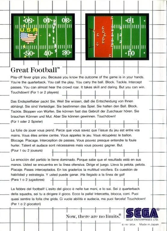 Contraportada europea de Great Football amb captures del camp i textos en cinc llengües.