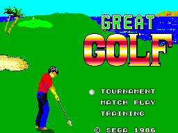 Pantalla de títol de Great Golf amb un golfista i les opcions Tournament, Match Play i Training.