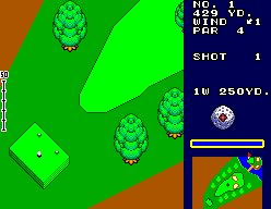 Inici d’un forat de Great Golf amb la bola al punt de sortida, el camp i un panell lateral de dades.