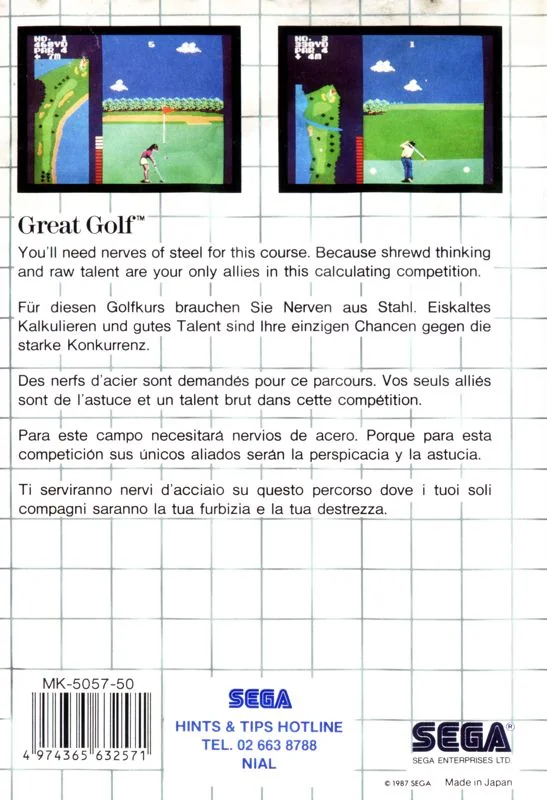 Contraportada europea de Great Golf amb dues captures i text en cinc llengües.