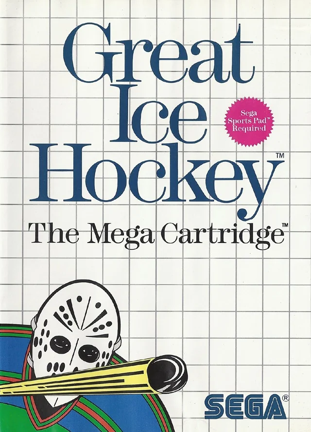 Coberta nord-americana de Great Ice Hockey amb una màscara de porter i l’avís que cal el Sega Sports Pad.
