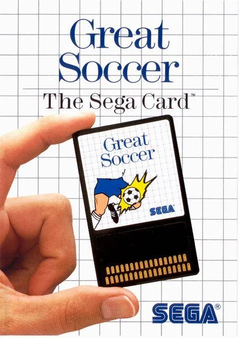 Portada europea de Great Soccer amb una mà que sosté la Sega Card sobre el disseny quadriculat de SEGA.