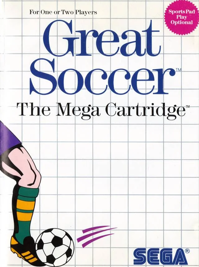 Portada nord-americana de Great Soccer amb una cama de futbolista i una pilota sobre la quadrícula blanca de Sega.