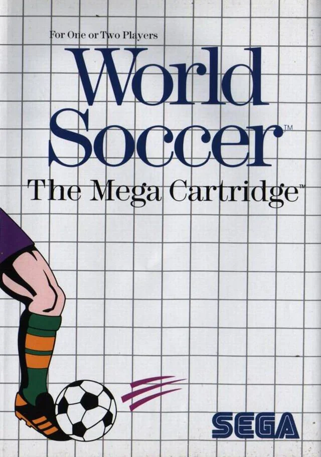 Portada europea de World Soccer amb una cama de futbolista, una pilota i el logotip de Sega sobre una quadrícula blanca.