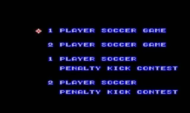 Menú de Great Soccer amb opcions de partit i concurs de penals per a un o dos jugadors.