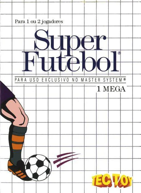 Portada brasilera de Super Futebol amb la quadrícula blanca, una cama de futbolista, una pilota i el logotip de Tectoy.