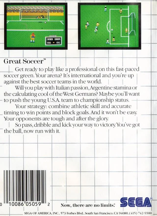Contraportada nord-americana de Great Soccer amb dues captures, text descriptiu, codi de barres i logotip de Sega.