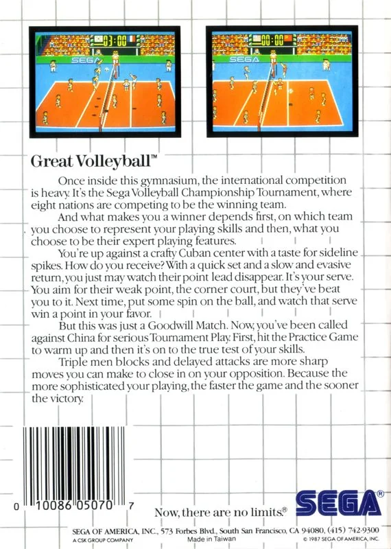 Contraportada nord-americana de Great Volleyball per a Sega Master System, amb dues captures i text descriptiu.