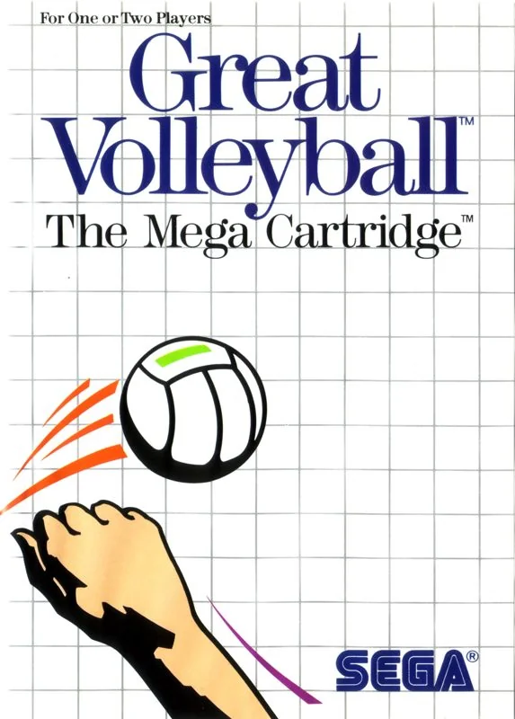Portada nord-americana de Great Volleyball per a Sega Master System, amb una pilota i un avantbraç sobre una quadrícula.