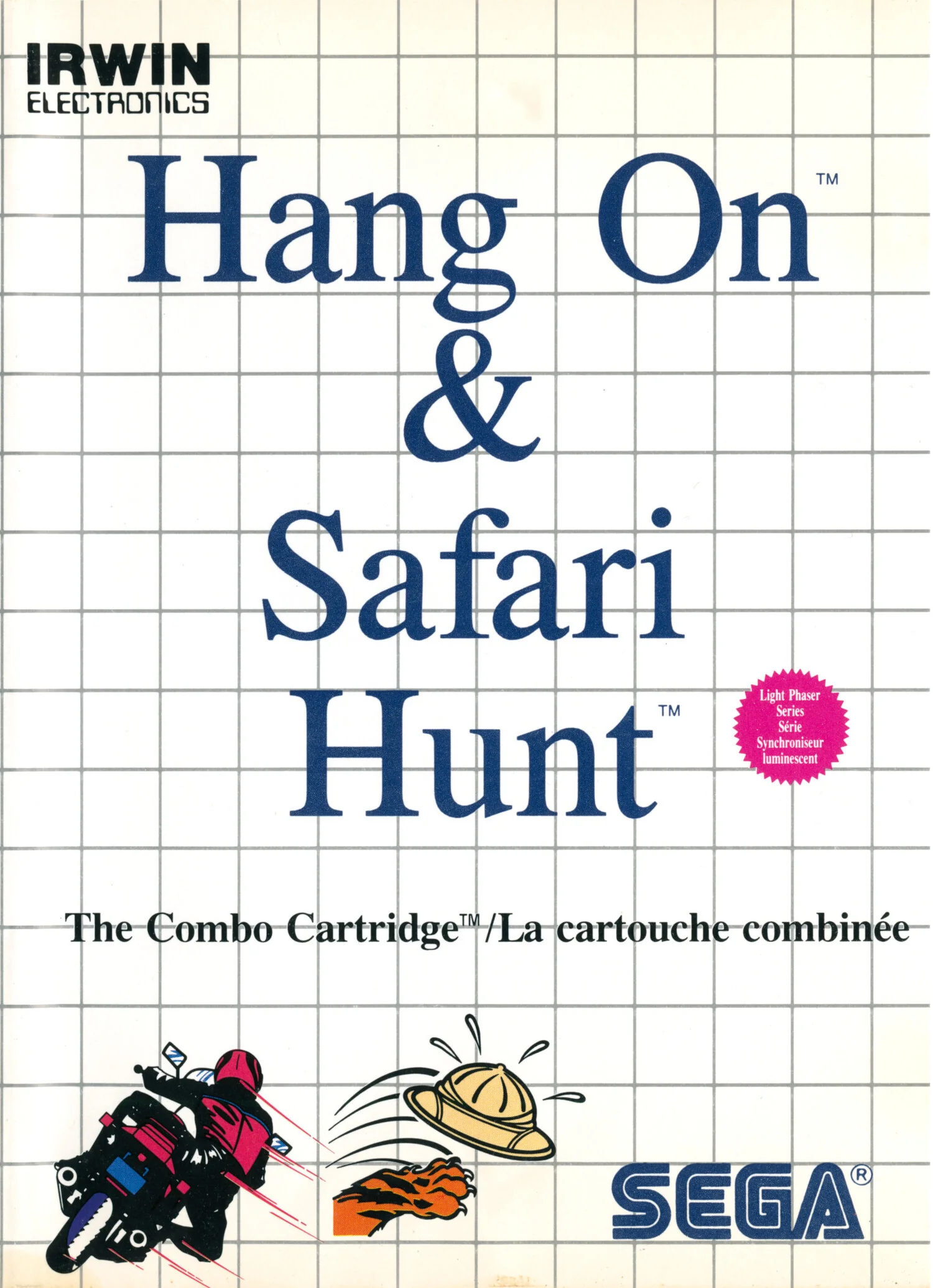 Caràtula frontal canadenca bilingüe de Hang On & Safari Hunt amb la marca d'Irwin Electronics.