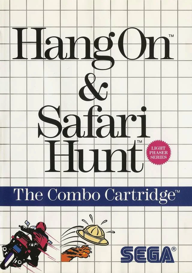 Caràtula frontal nord-americana de Hang On & Safari Hunt per a Sega Master System.
