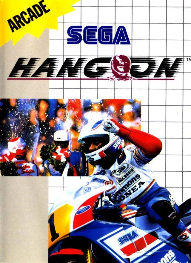 Portada europea de Hang-On per a Sega Master System, amb un pilot sobre una motocicleta de competició.