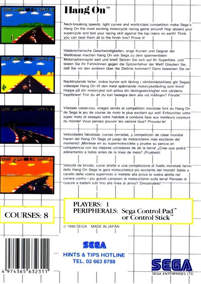 Contraportada europea de Hang-On per a Sega Master System, amb quatre captures i textos en diversos idiomes.