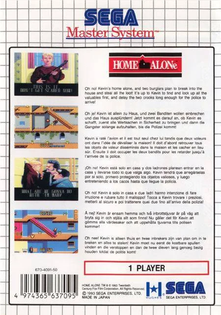 Contraportada europea de Home Alone per a Sega Master System, amb text multilingüe, quatre captures i un codi de barres.