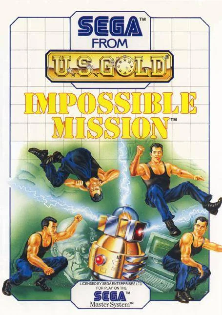 Portada europea d’Impossible Mission per a Sega Master System, amb l’agent, robots i equips informàtics.