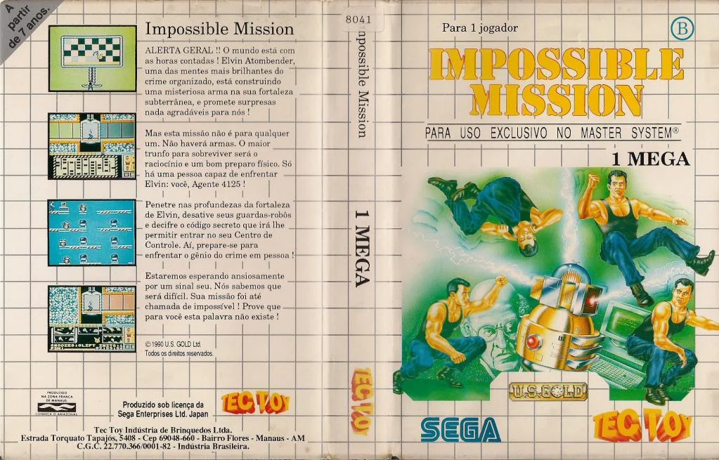 Caràtula brasilera desplegada d’Impossible Mission, amb textos en portuguès, la indicació d’1 Mega i la marca de Tec Toy.