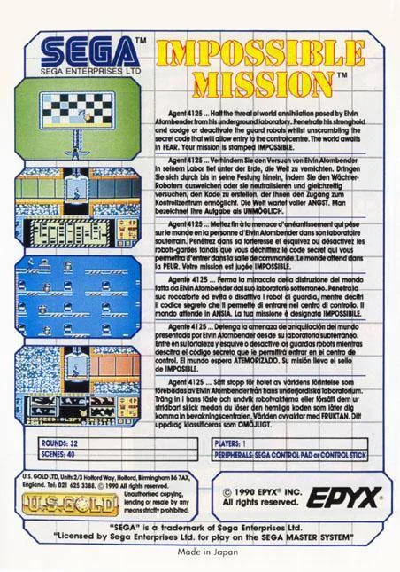 Contraportada europea d’Impossible Mission per a Sega Master System, amb captures i descripcions multilingües.