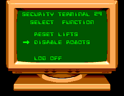 Terminal de seguretat amb opcions per desactivar robots, reinicialitzar elevadors o tancar la sessió.