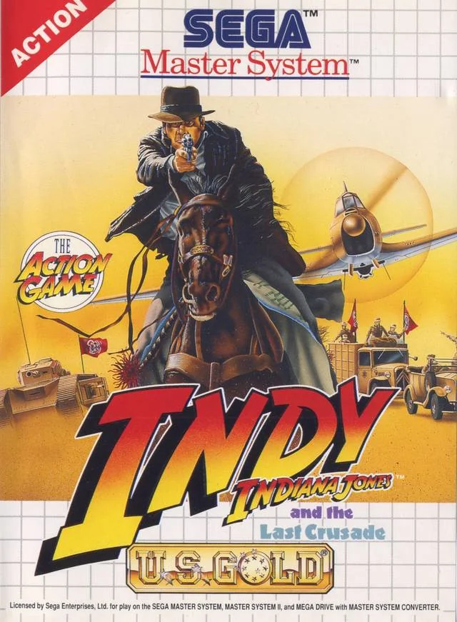Portada europea d’Indiana Jones and the Last Crusade: The Action Game per a Sega Master System, amb Indy a cavall davant d’un avió.