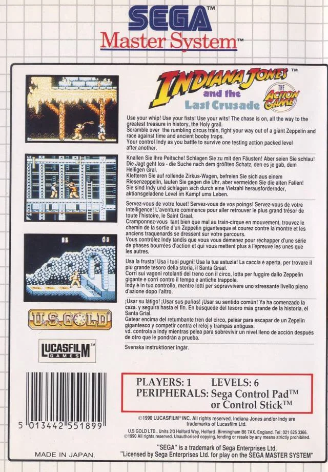 Contraportada europea del joc per a Sega Master System, amb tres captures i text multilingüe.
