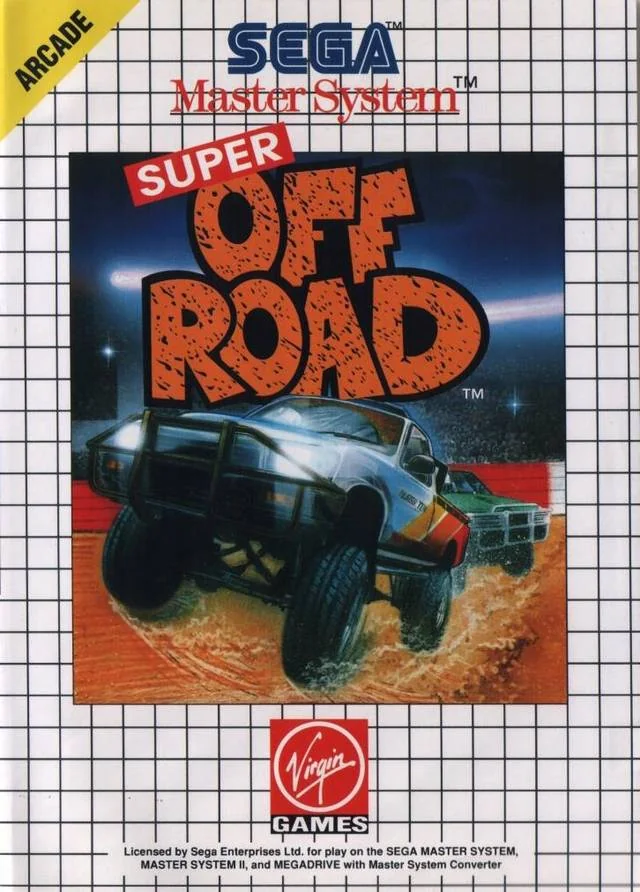 Portada frontal europea de Super Off Road per a Sega Master System, amb dos camions tot terreny aixecant fang.