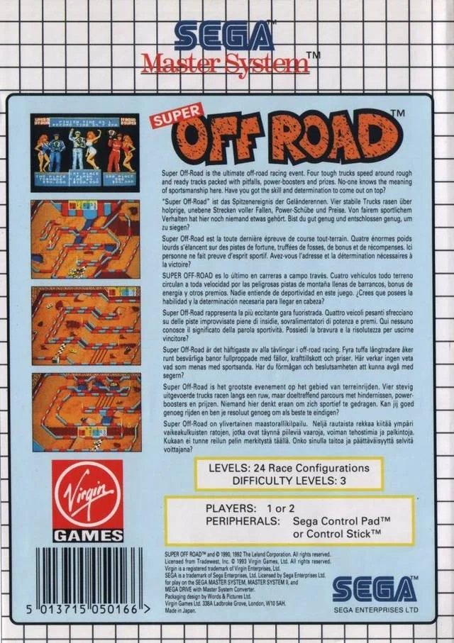Contraportada europea de Super Off Road per a Sega Master System, amb textos multilingües i quatre captures del joc.