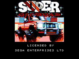 Pantalla de presentació de Super Off Road amb el logotip sobre dos camions tot terreny.