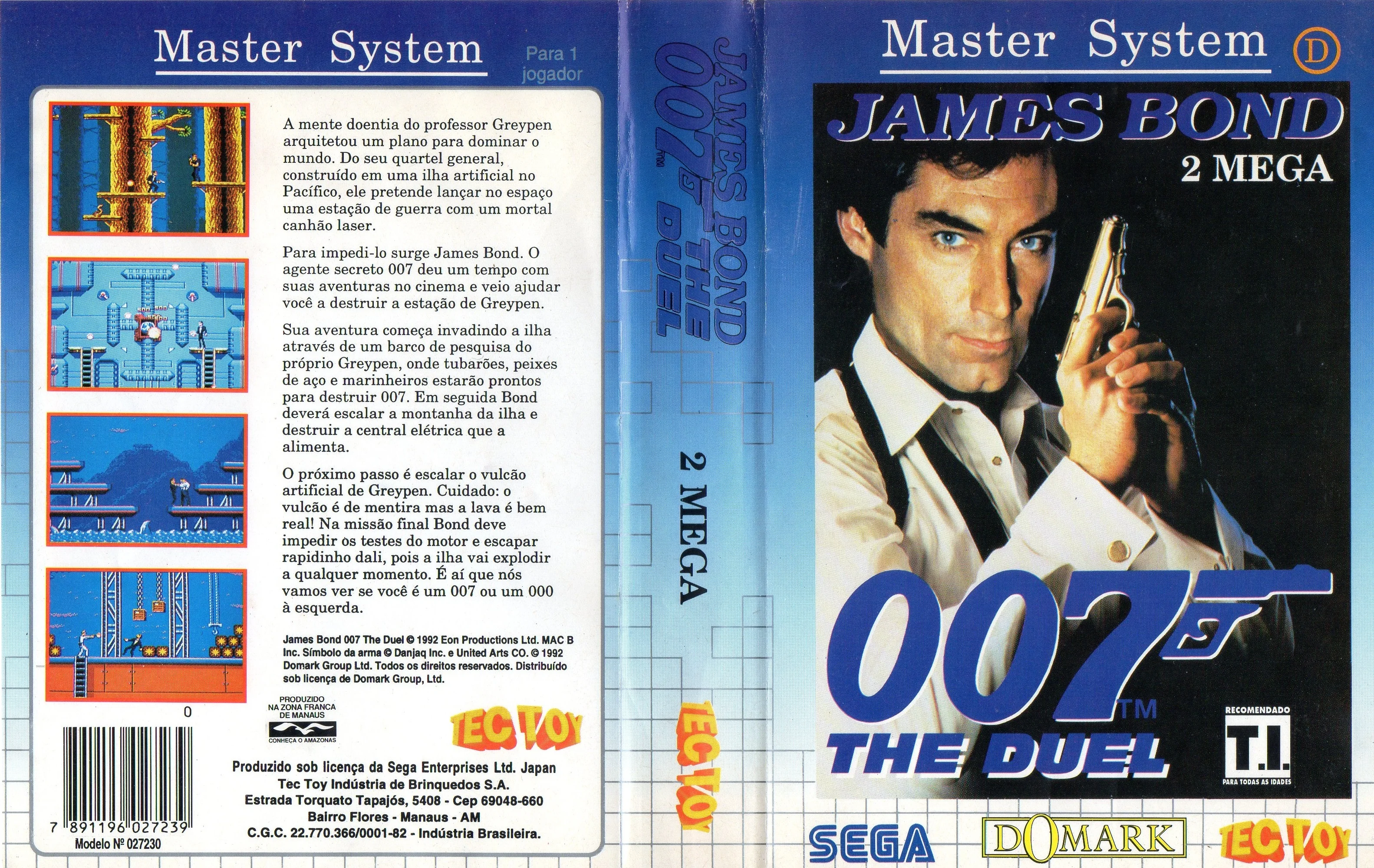Coberta brasilera desplegada de James Bond 007: The Duel, amb text portuguès, marca Tec Toy i indicació de capacitat.