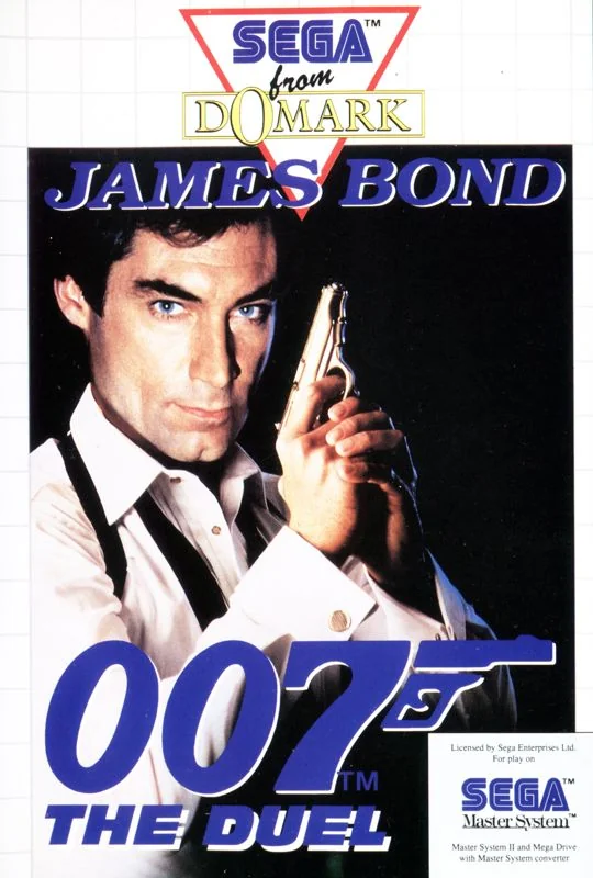 Portada europea de James Bond 007: The Duel per a Sega Master System, amb Bond apuntant amb una pistola.