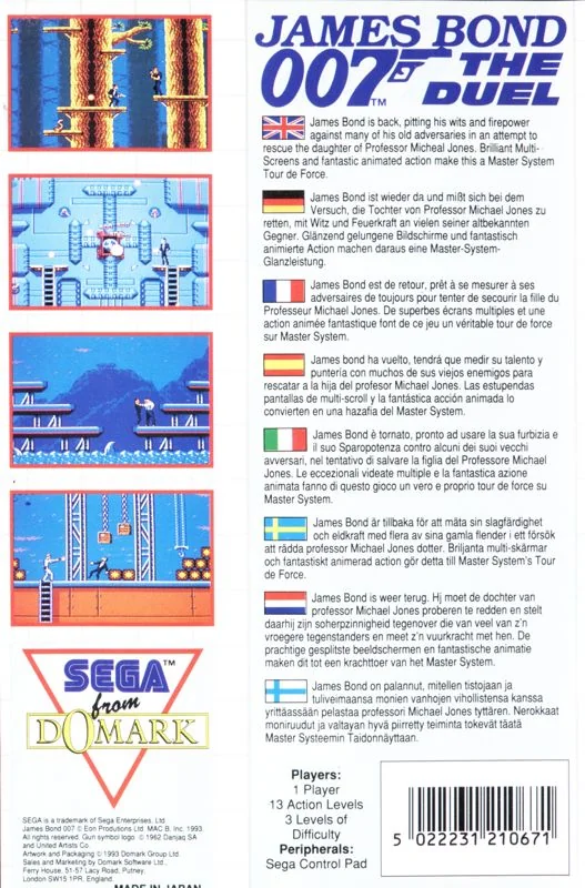 Contraportada europea de James Bond 007: The Duel per a Sega Master System, amb captures i text multilingüe.