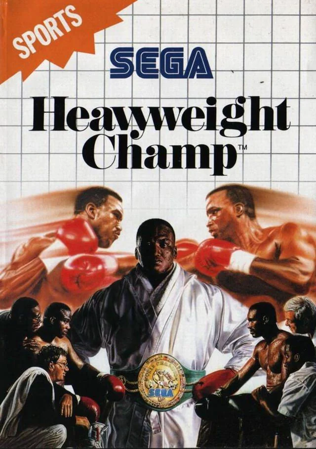 Portada europea de Heavyweight Champ, amb diversos boxejadors al voltant del campió amb el cinturó.