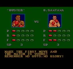 Pantalla prèvia al combat entre Buster i B. Santana, amb retrats, atributs i una instrucció del racó.