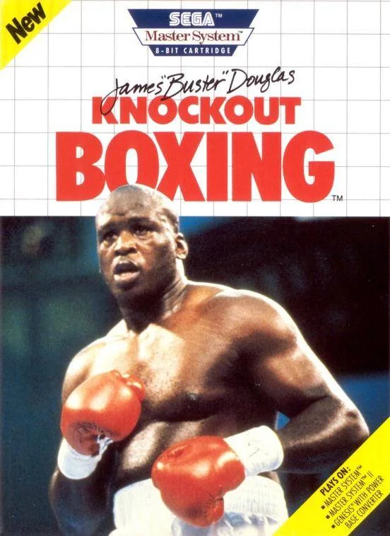 Portada nord-americana de James 'Buster' Douglas Knockout Boxing per a Sega Master System, amb el retrat del boxejador.