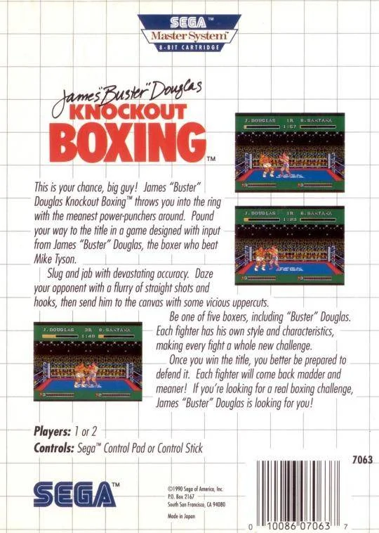 Contraportada nord-americana de James 'Buster' Douglas Knockout Boxing amb text promocional i tres captures del ring.