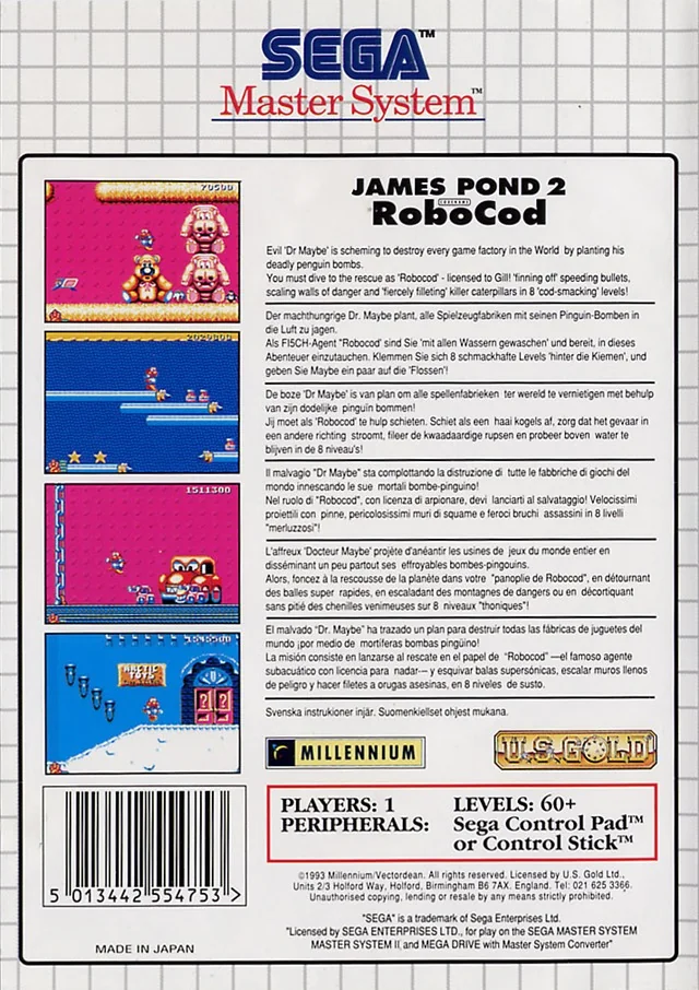 Contraportada europea de James Pond 2: Codename: RoboCod per a Sega Master System, amb captures i text multilingüe.