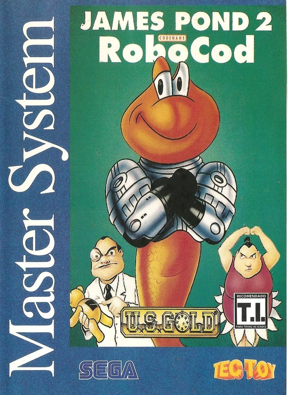 Portada brasilera de James Pond 2 Codename RoboCod per a Master System, amb els logotips de Sega i Tec Toy.