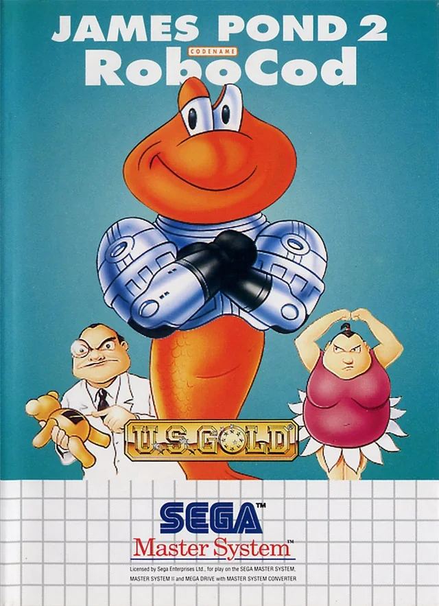 Portada europea de James Pond 2: Codename: RoboCod per a Sega Master System, amb RoboCod i els antagonistes.