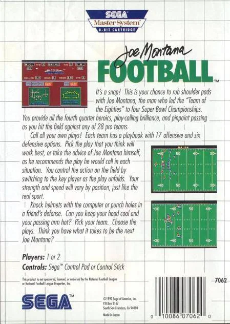 Contraportada nord-americana de Joe Montana Football per a Sega Master System, amb text, captures i informació de joc.