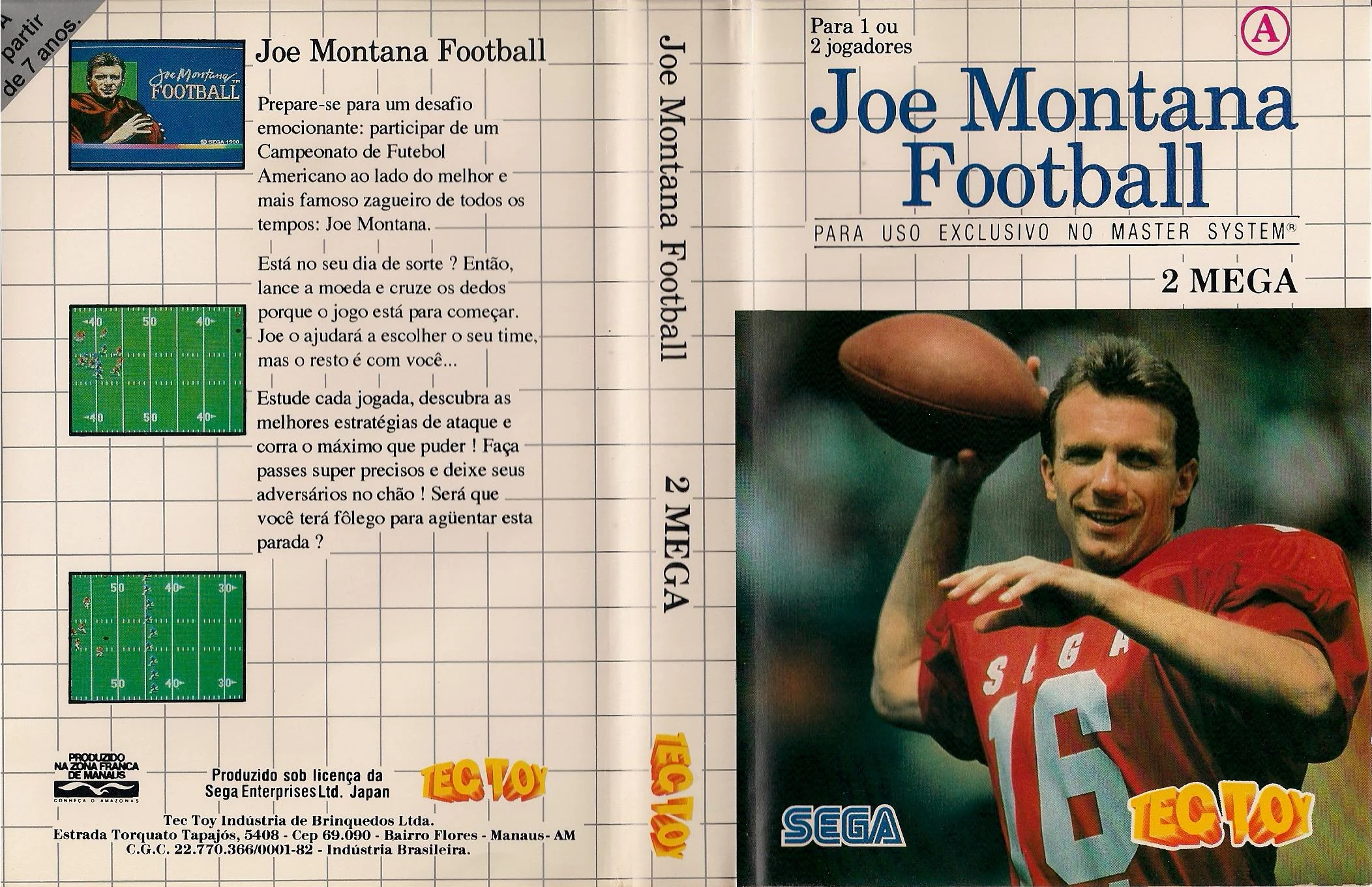 Caràtula brasilera desplegada de Joe Montana Football amb textos en portuguès i les marques Sega i Tec Toy.