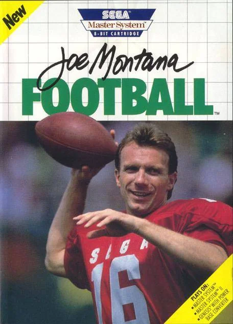 Portada nord-americana de Joe Montana Football per a Sega Master System, amb Joe Montana sostenint una pilota.