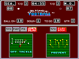Pantalla tàctica de Joe Montana Football amb Off-Tackle, Prevent i l’opció Joe’s Play.