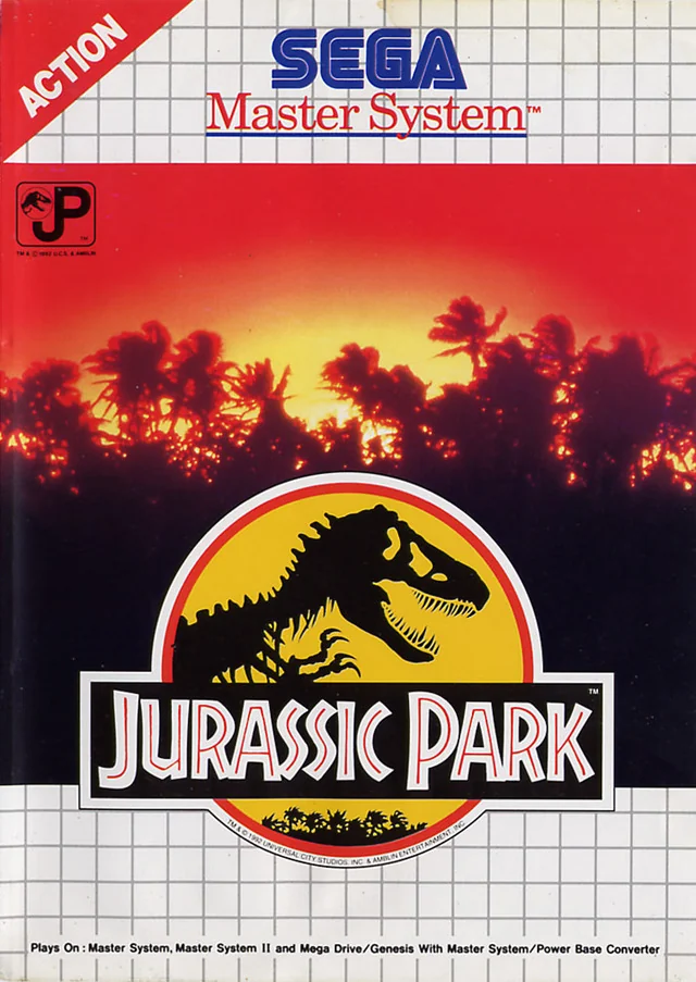 Portada frontal europea de Jurassic Park per a Sega Master System, amb el logotip davant una posta de sol.