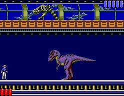 Alan Grant davant del Tyrannosaurus rex dins del Centre de Visitants.