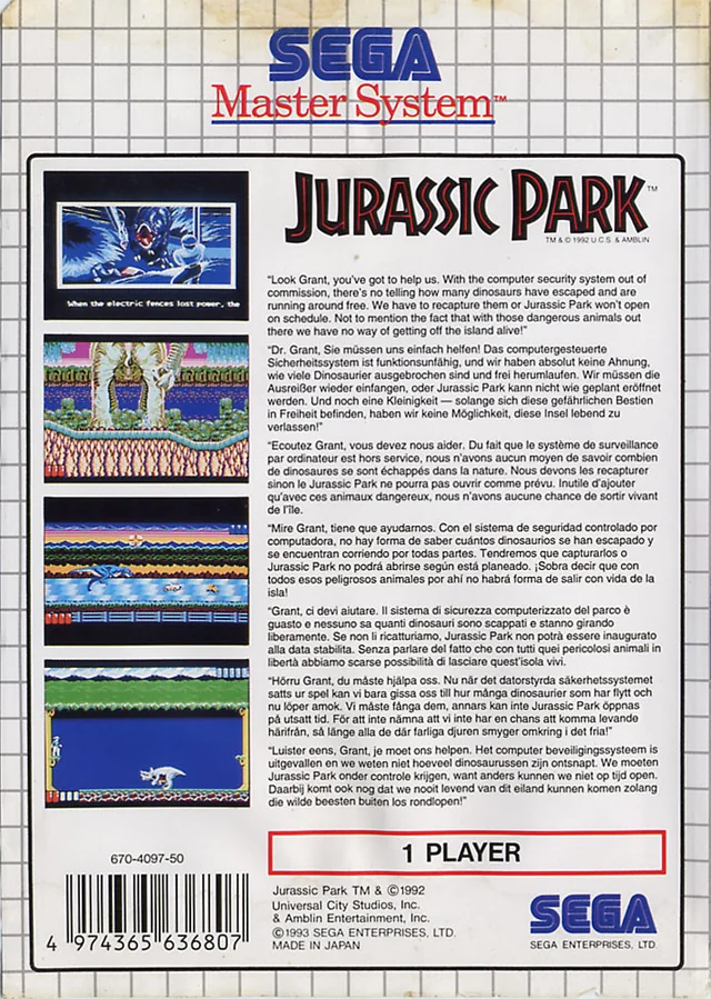 Contraportada europea de Jurassic Park per a Sega Master System, amb textos multilingües i quatre captures.