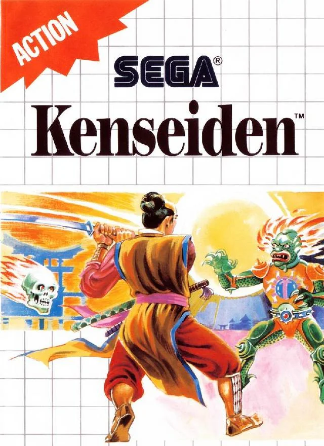 Portada nord-americana de Kenseiden amb Hayato encarant-se a una criatura verda i una calavera flamejant.